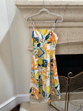 Women’s White Lemon Print Sundress - Yellow & Blue Floral Pattern Size Large
